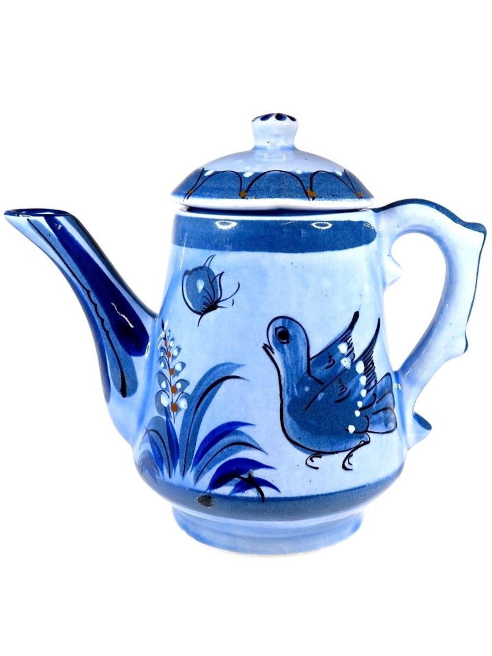 Tonala Blue Bird & Butterfly Teapot with Lid Vintage Signed Mexican Pottery